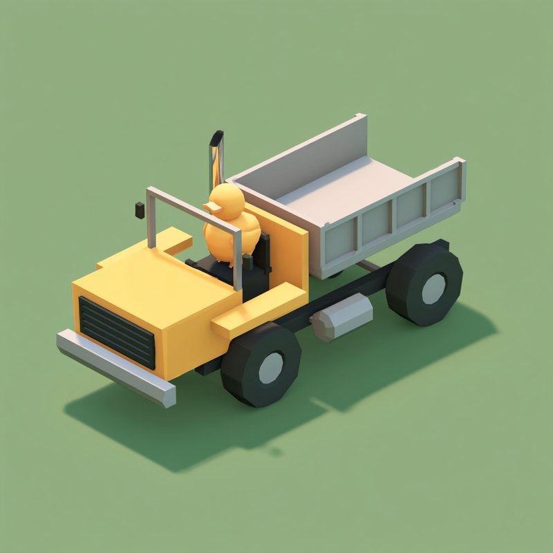 A low-poly yellow dump truck with a small yellow duck sitting in the open cab, on a sage green background
